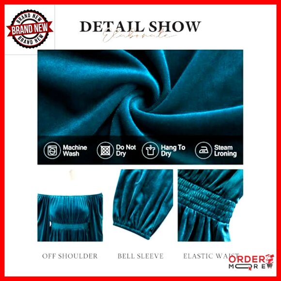 Velvet Off Shoulder Long Sleeve Peplum Blouse Elegant Evening Party Top - Picture 6 of 7